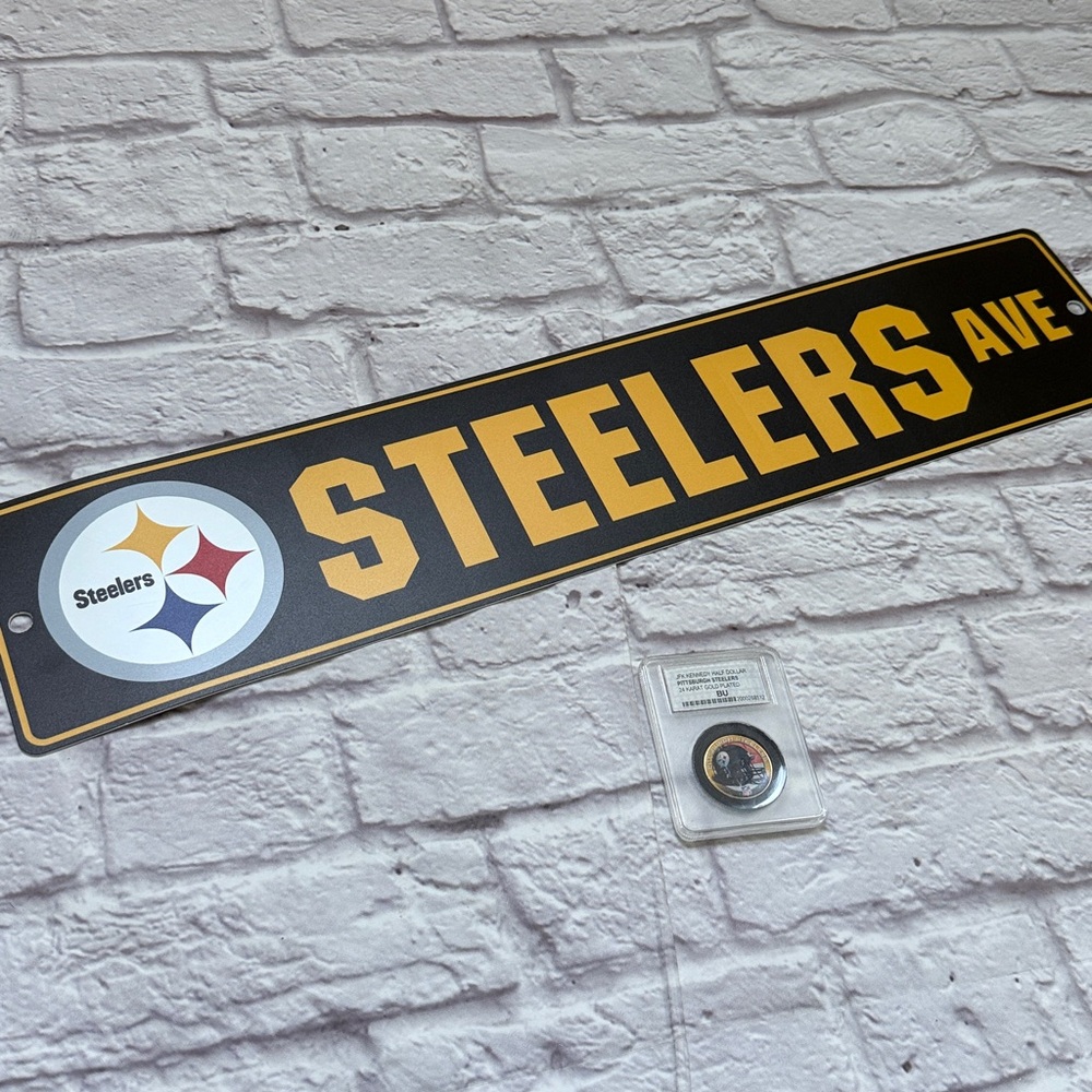 Pittsburgh Steelers Gold Plated JFK Half Dollar & Steelers sign